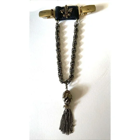 Vintage 80s Jacket Clip Goth Fleur De Lis Chain Tassel