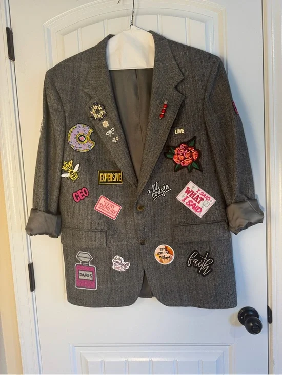 Vintage Upcycled Blazer with Colorful Patches and Jewels