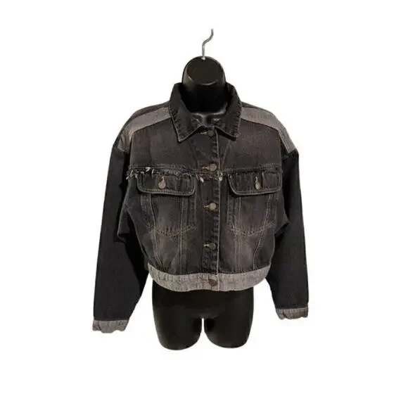 SHEIN Women Black Cropped Denim Jacket Distressed Frayed Hem Trucker Size S