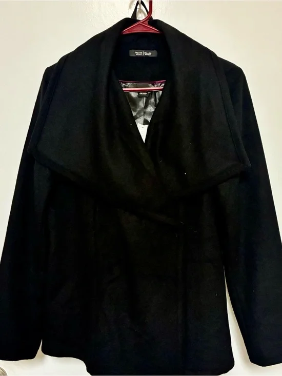 NWT White House Black Market Black Shawl Collar Wool-Blend Wrap Coat w belt