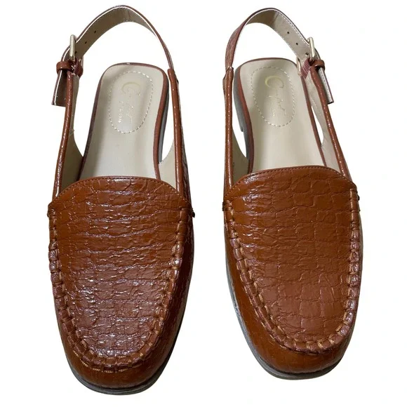 Comfort Est 1946 Womens 9W Cognac Brown Croc Embossed Slingback Loafers Flats