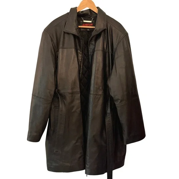 Avenue Leather Jacket Women 26/28 Black Excellent Quilted Lining Belted Coat