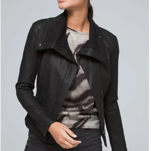 White House Black Market‎ Black Moto Jacket Women’s Coated Denim Size Small
