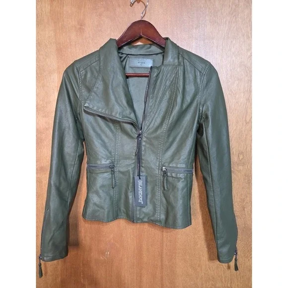BLANKNYC Vegan Leather Moto Jacket Womens XS Olive Green Asymmetric Zip New Tag