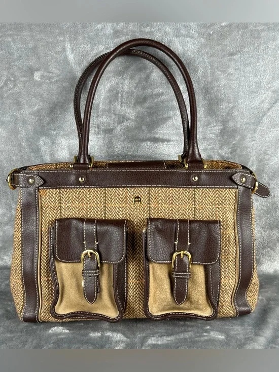 Vintage ETIENNE AIGNER Plaid Wool Tweed Leather & Suede Tote Satchel Bag Handbag