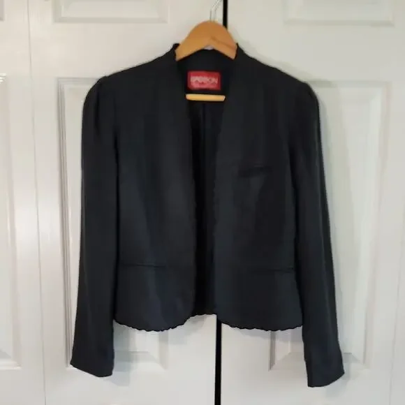Vintage 80s‎ Sasson Womens Black Blazer Size SM Scallop Trim Academia Lined