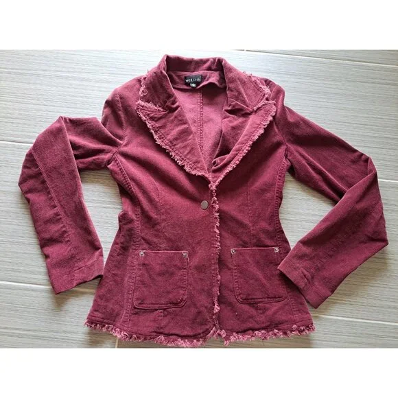 Y2K Wet Seal Corduroy Blazer Jacket Women's Small Burgundy Academia Raw Hem