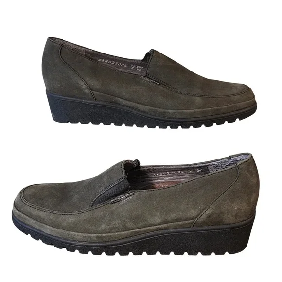 Mephisto Air-Jet 8 Olive Fern Moss Green Nubuck Leather Wedge Slip On Loafers