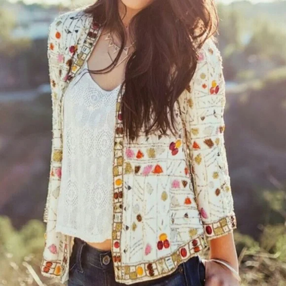 NWOT Lucky‎ Brand Legend Emma Beaded Silk Jacket White Pink Orange Size XS / S