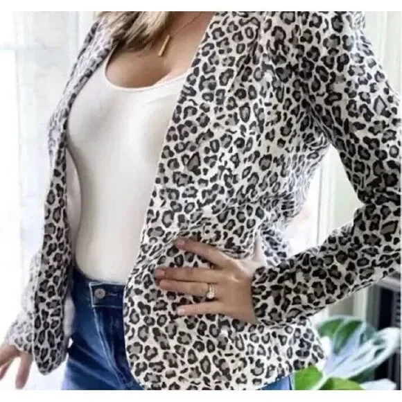 New Rachel Zoe Jacket Womens Beige Gray Leopard Print Blazer Linen Blend Size XL