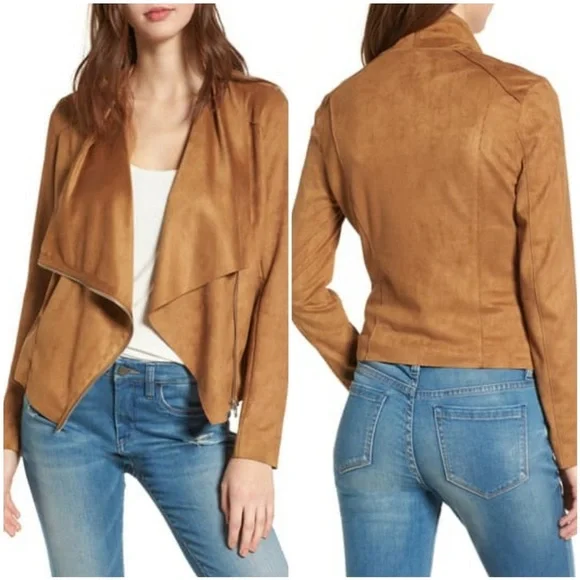 Blank NYC Vegan Suede Draped Moto Jacket in Camel
