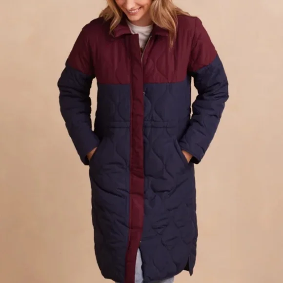 Summersalt‎ Long Colorblock Eco Quilted Coat Midnight & Black Cherry 1XL