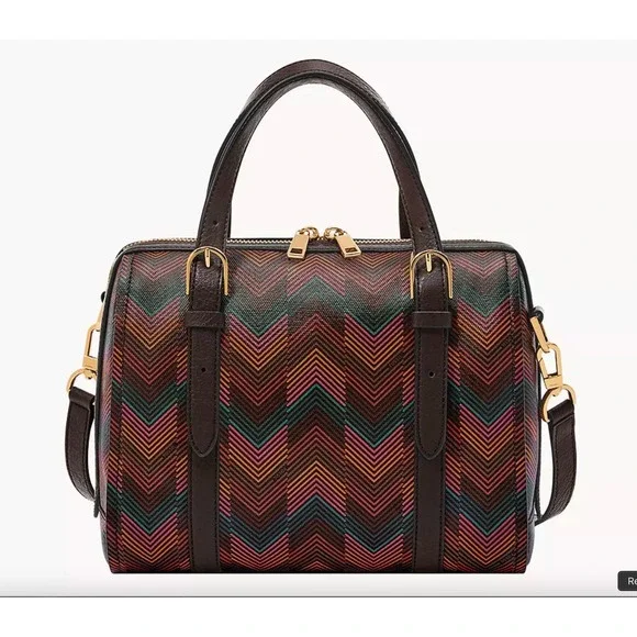 Fossil Brown Chevron Carlie Coated Fabric Harlow Print Satchel Crossbody Bag