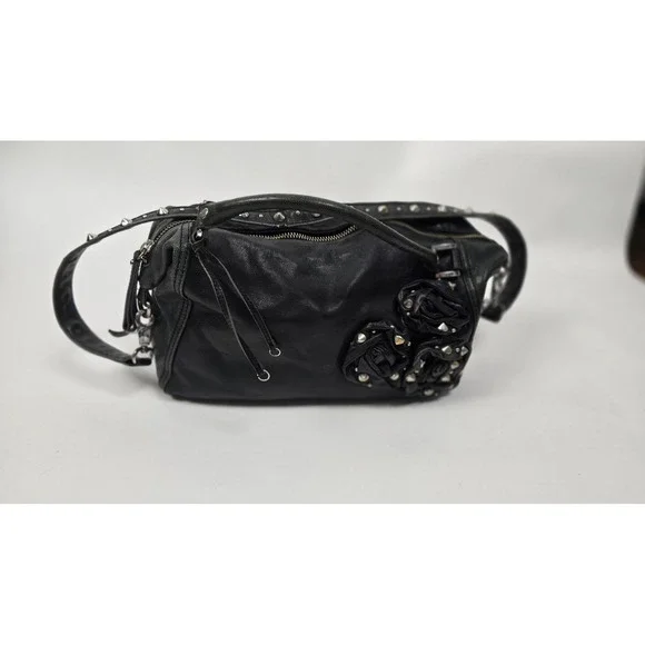 Betsey Johnson Black‎ Lizard Embossed Satchel | Studded Rosette Leopard Interior
