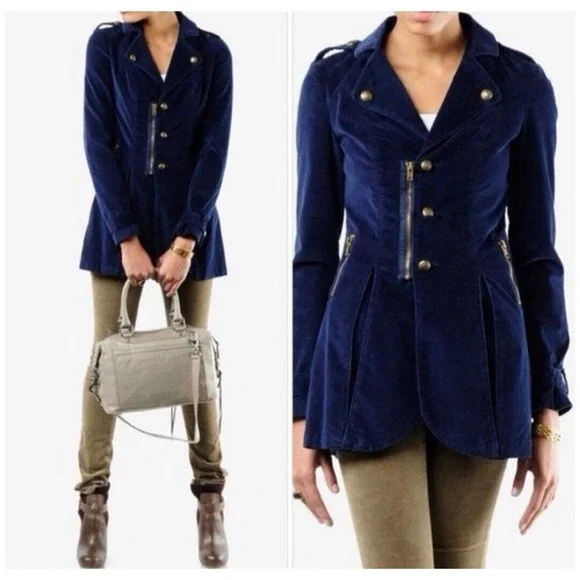 Free People Size 4 Velvet Navy Blue Jacket Gold Buttons Pleated Vintage