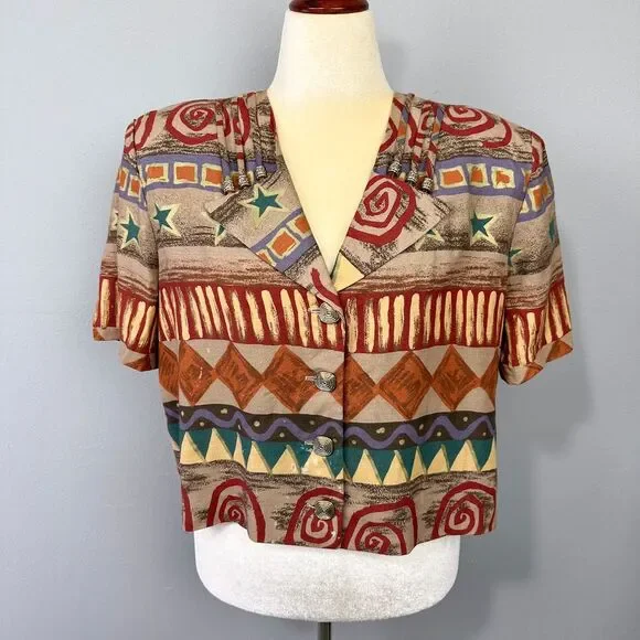 Vintage Cropped Blazer Jacket Size‎ 16 Southwestern Artsy Boxy Maximalist *Flaws
