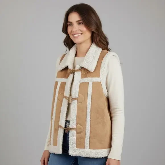 Designers Originals Faux Shearling Vest Petite Large Tan Toggle Sherpa Boho