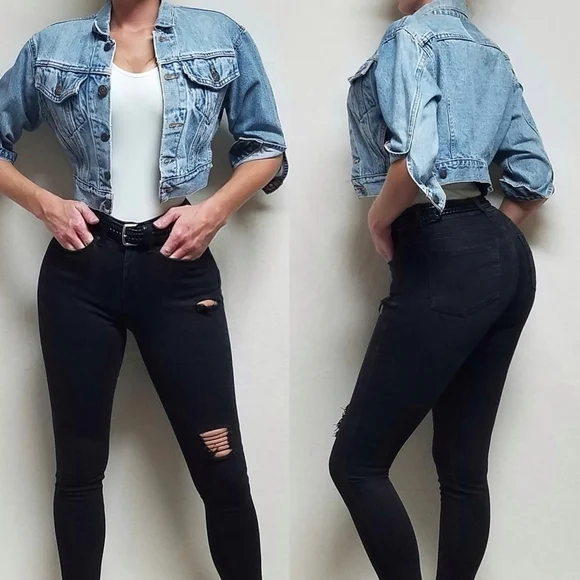 𝅺VINTAGE 90s Levi's Cropped Stonewash Quarter Sleeve Denim Trucker Jacket Small