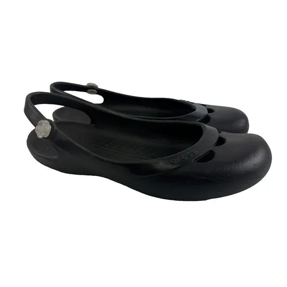 Crocs Jayna Slingback Flat Black Slip On Flower Jewel Comfort Lightweight 7