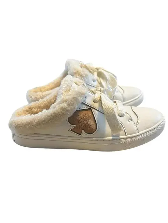 Kate Spade White Fez Mule Winter Sneakers Faux Fur Lined Coquette Preppy 6.5B