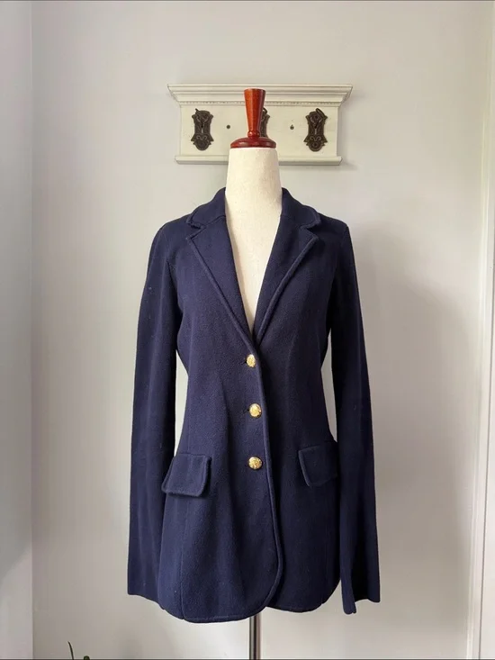 Ralph Lauren Navy Blazer with Gold-Tone Buttons Cotton Classic Sweater Jacket