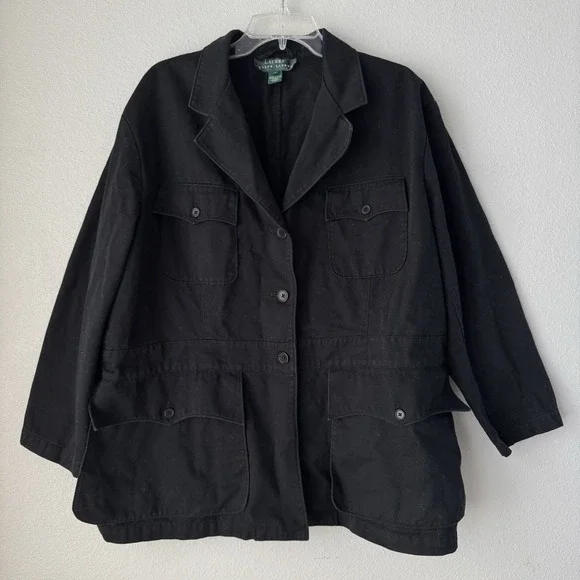 LRL Ralph Lauren Cotton Jacket Black Women Sz 16 Classic Pockets Preppy Academia