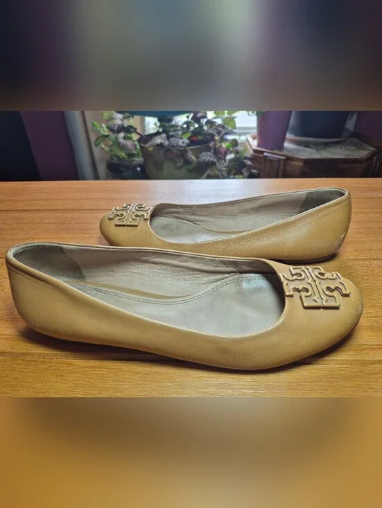 Tory Burch Leather Ballet Flats with Decorative Emblem - Size 8