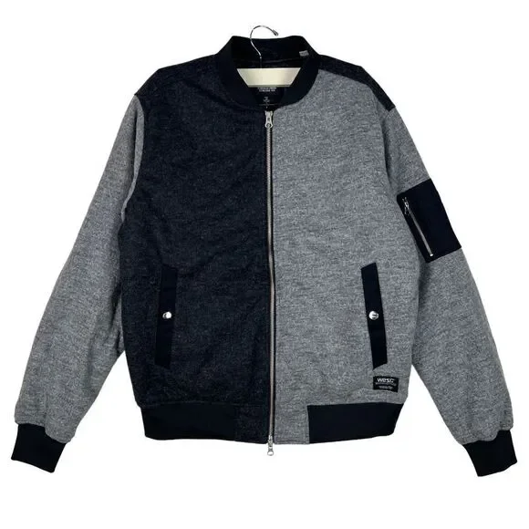 New Wesc Mumel Women Bomber Jacket US L Melange Grey Colorblock Flannel $225