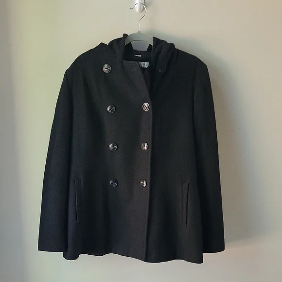 Larry Levine Pea Coat Womens Large Double Breasted Black Timeless‎ Classic