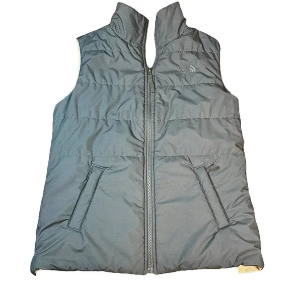 The North Face Womens Puffer Vest Dark Gray Sherpa Lined Full‎ Zip Small