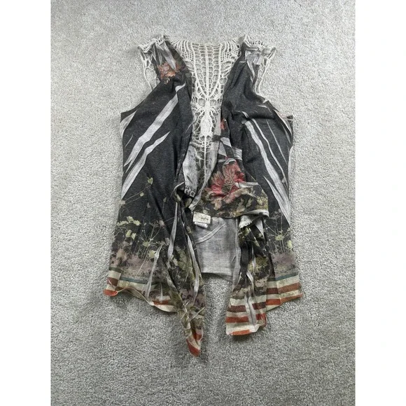 Daytrip Vest Womens Small Boho Open Front Crochet Back Floral Drape Festival USA