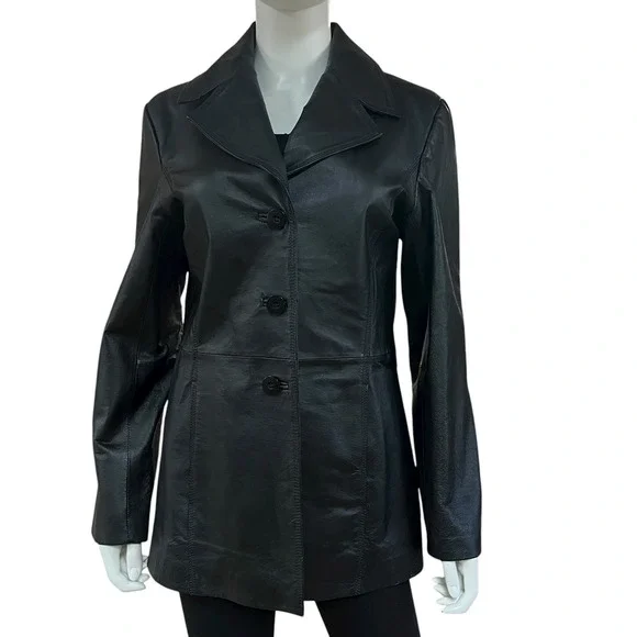 Worthington Black‎ Genuine Leather Jacket Womens Medium Button Front Lined Coat