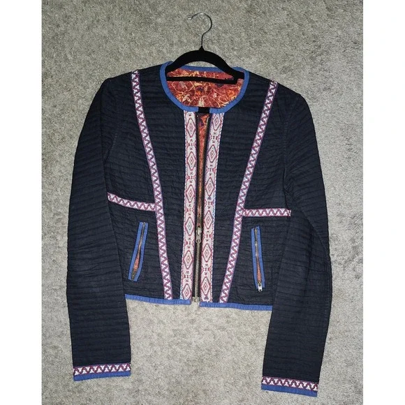 Womens Quilted Moto Jacket Black Embroidered Geometric Boho Floral Lined Cropped