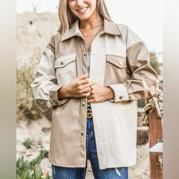 NWT AndTheWhy Women's Colorblock Faux Leather Oversized Shacket Small