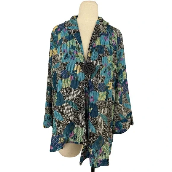 IC by Connie K Teal Floral One-Button Light Jacket Sz XL See Through Mesh Artsy
