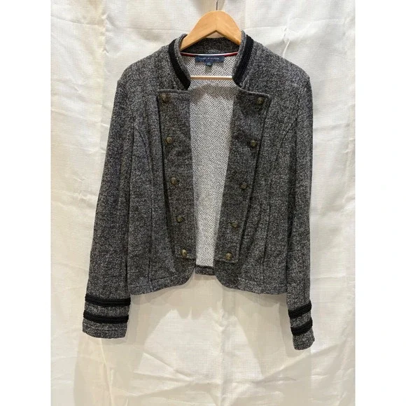 Tommy Hilfiger Womens Military Knit Jacket Grey Brass Crest Buttons Size Large