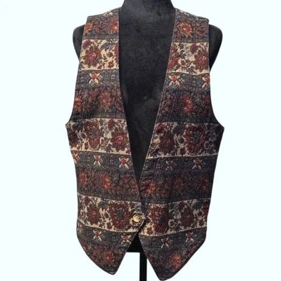 Vintage Gotcha Covered Tapestry‎ Floral Woven Burgundy Blue Boho Womens Vest Lg
