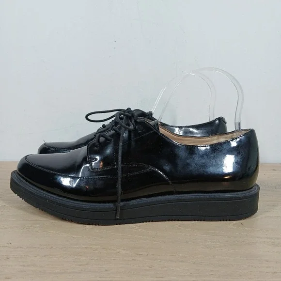 Nine West Barbieri Loafers Womens 9.5M Black Patent Platform Lace Up