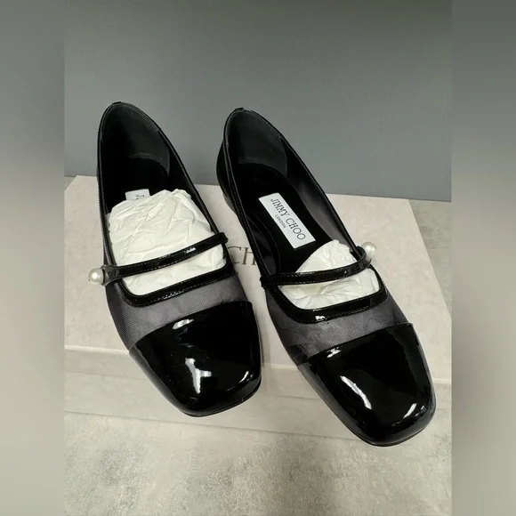 NIB- Jimmy Choo Black Patent Leather Elisa Flats with Pearl Accent