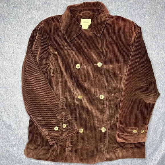 LL Bean Women's Corduroy Double Breasted Blazer Jacket‎ Brown Size L Read