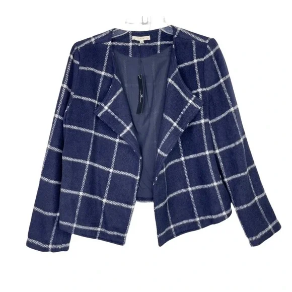 LE LIS Navy White Window Pane Plaid Open Front‎ Blazer Jacket Womens Small