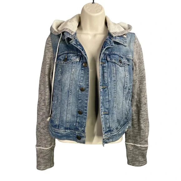Free People Jean Jacket XS Mixed Media Hooded Cropped Denim Indie Grunge Boho
