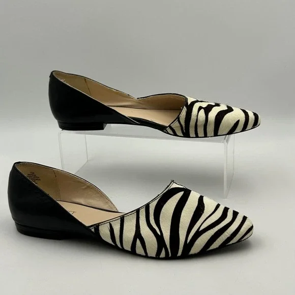 Nine West Sael Flats Women 7.5M Black Zebra Calf Hair Pointed Toe d'Orsay Chic