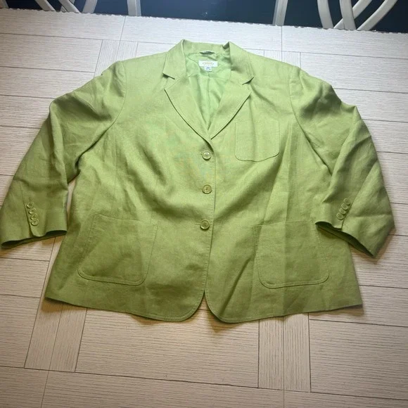 Talbots Lime Green Irish Linen Lined Blazer Women'sButton Front‎ Pockets Sz 18W