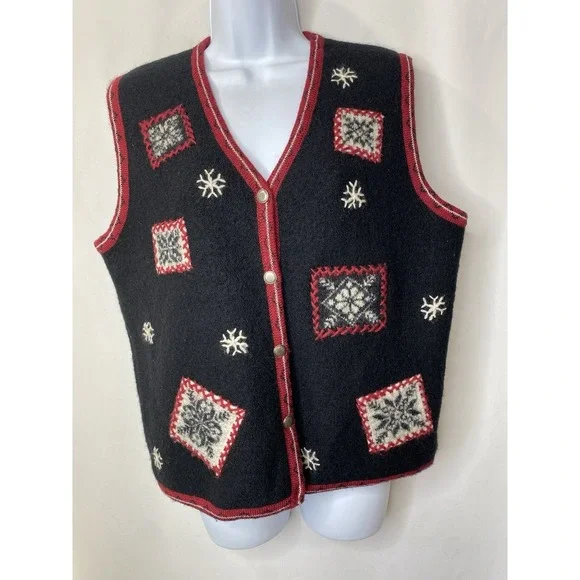 Vintage Woolrich Womens Wool Vest Size Medium Christmas Holidays Snowflakes Ski