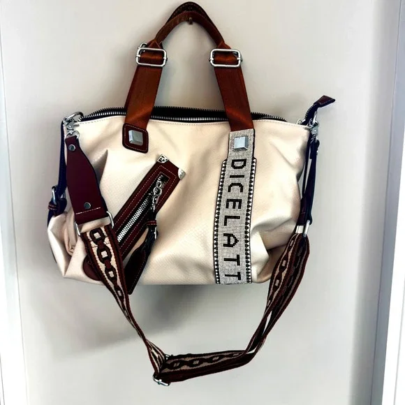 DiceLatti Cream Faux Leather Satchel with Rhinestone‎ Logo guitar Crossbody