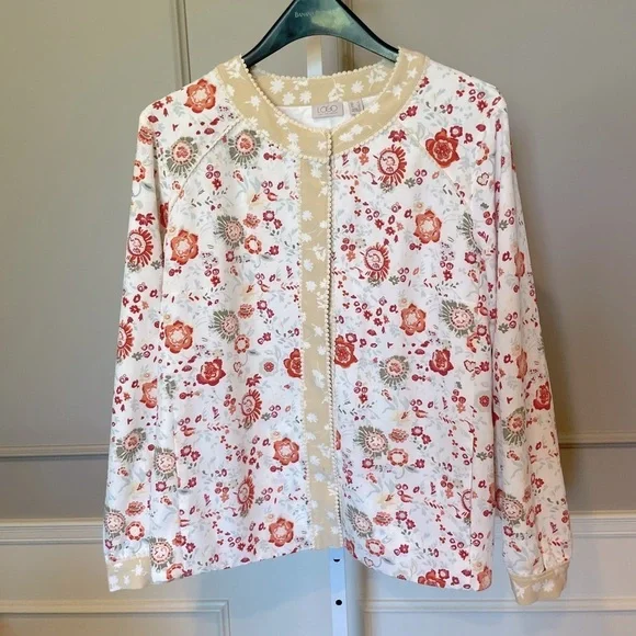 LOGO by Lori Goldstein floral jacket Large white red feminine funky mixed print