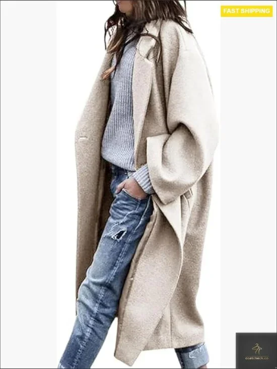 Oversized Wool Pea Coat Classic Notch Lapel Loose Fit Winter Trench Chic