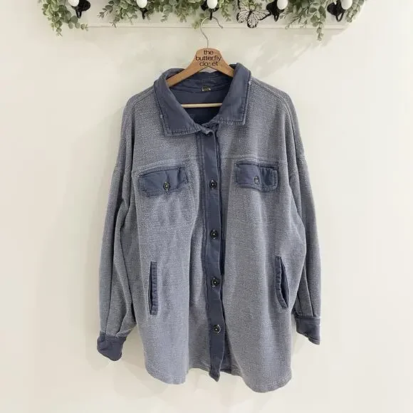 Free People Blue Brushed Fleece Collared Pocketed Buttoned Long Sleeve Jacket