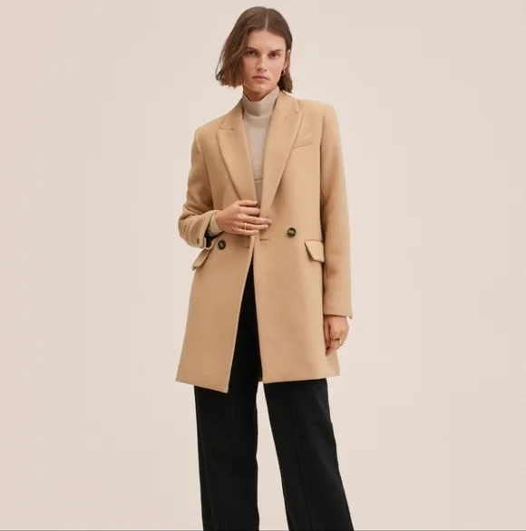MANGO Lapels wool coat. Tan. Size Large. NWOT